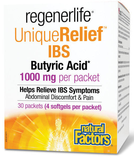 Regenerlife UniqueRelief IBS Butyric Acid supplement packaging on a white background